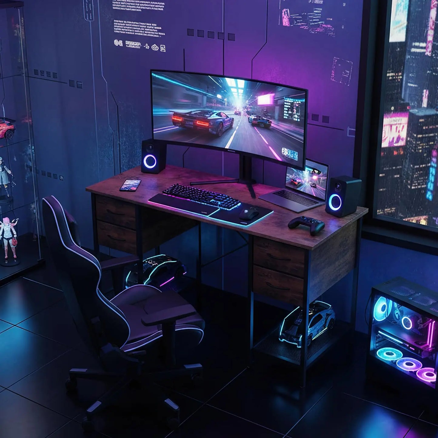 JHK Computer Desk With Mesh Shelf And Drawers