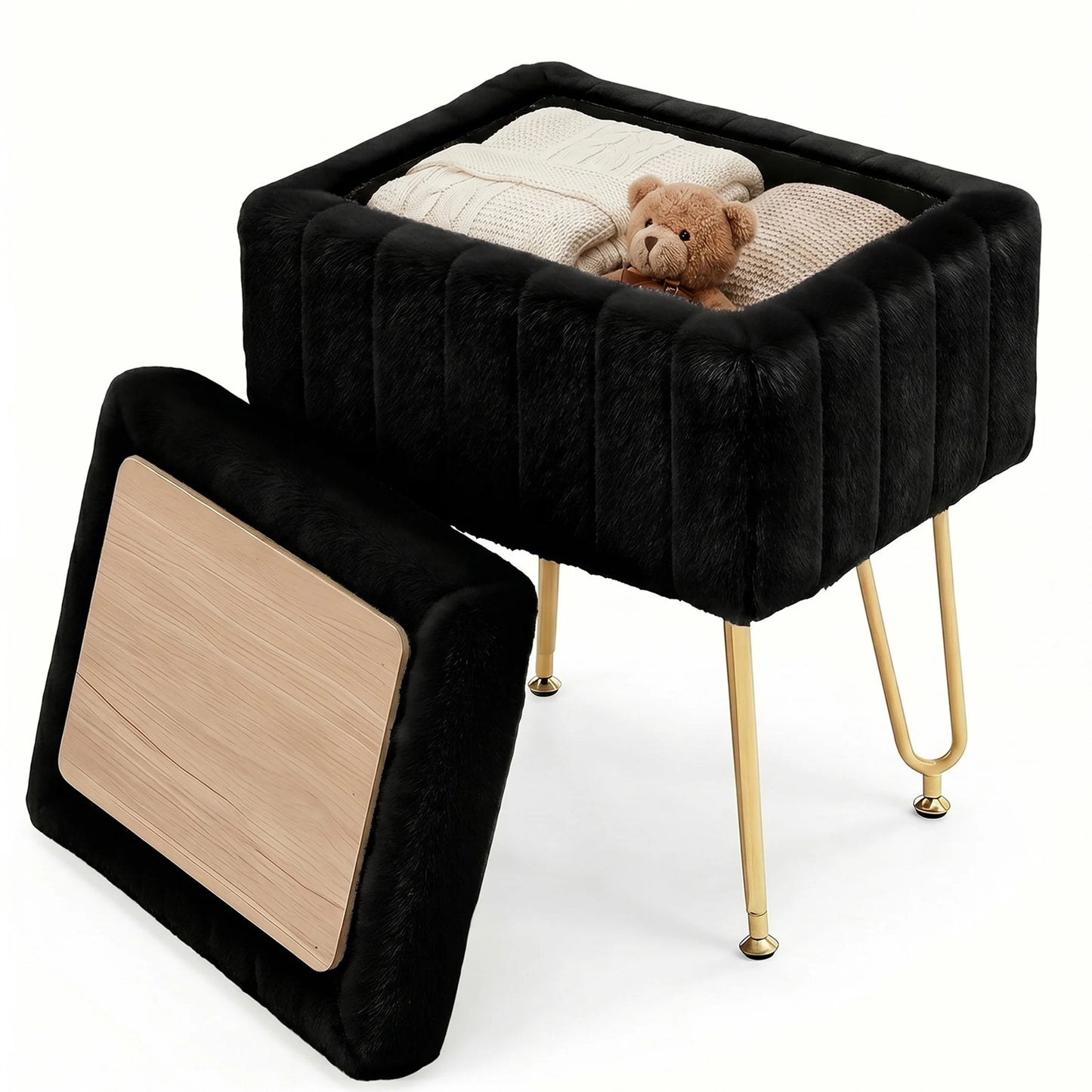 JHK Faux Fur Vanity Stool With Storage Ottoman