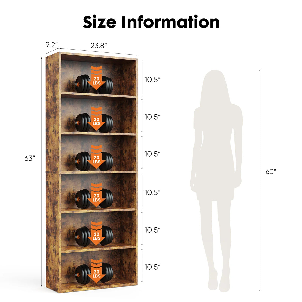 JHK 6 Tier Wooden Bookcase Floor Standing Shelf