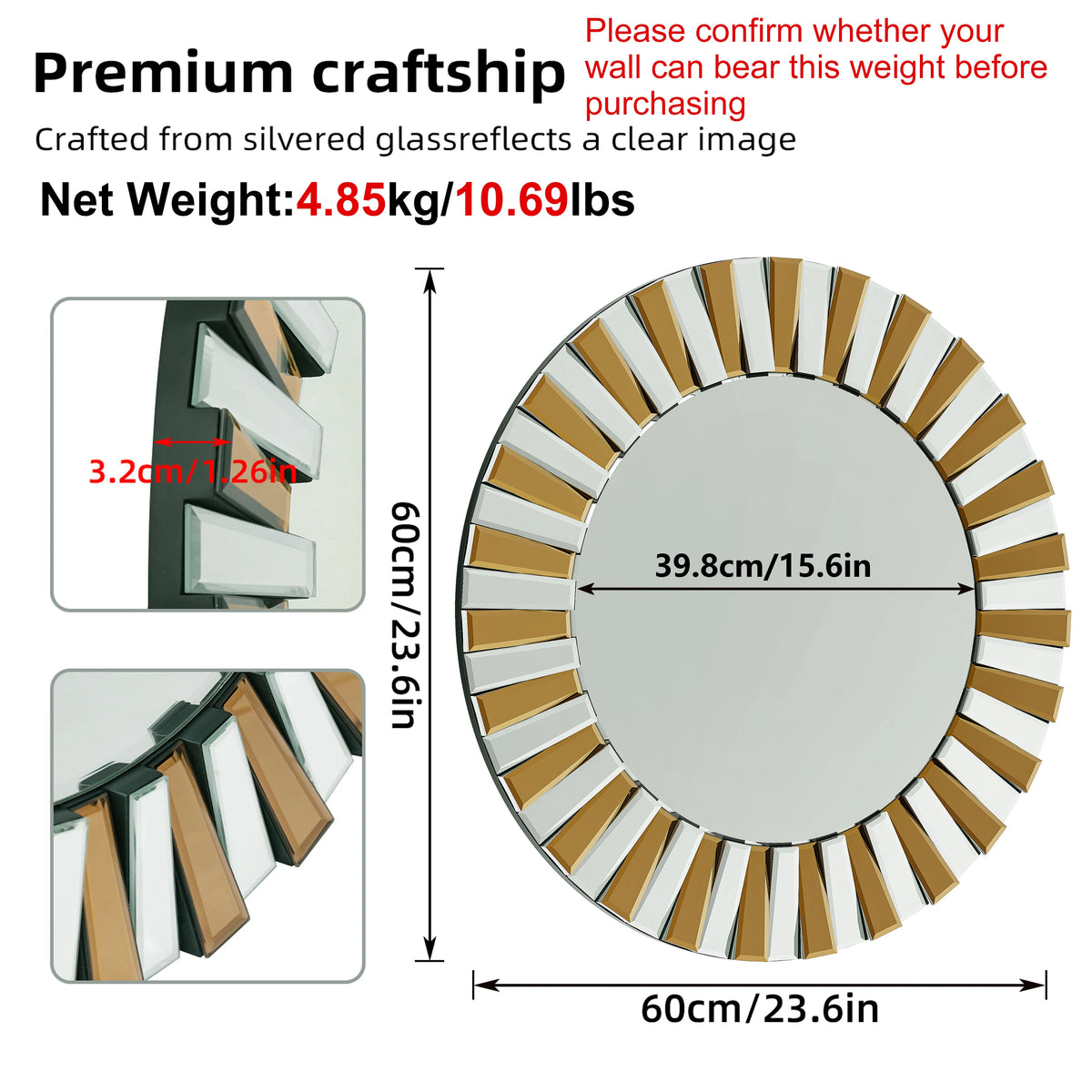 Round Starburst Wall Mirror For Living Room Bedroom