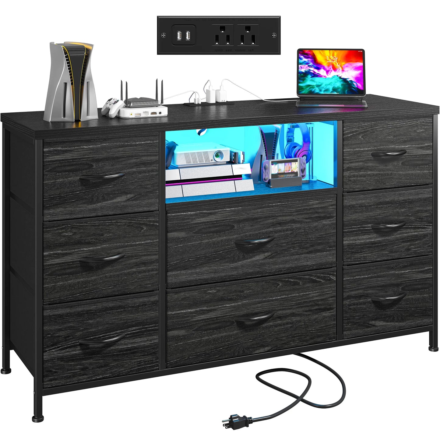 LED Lighting 8-Drawer Media Dresser With Charging