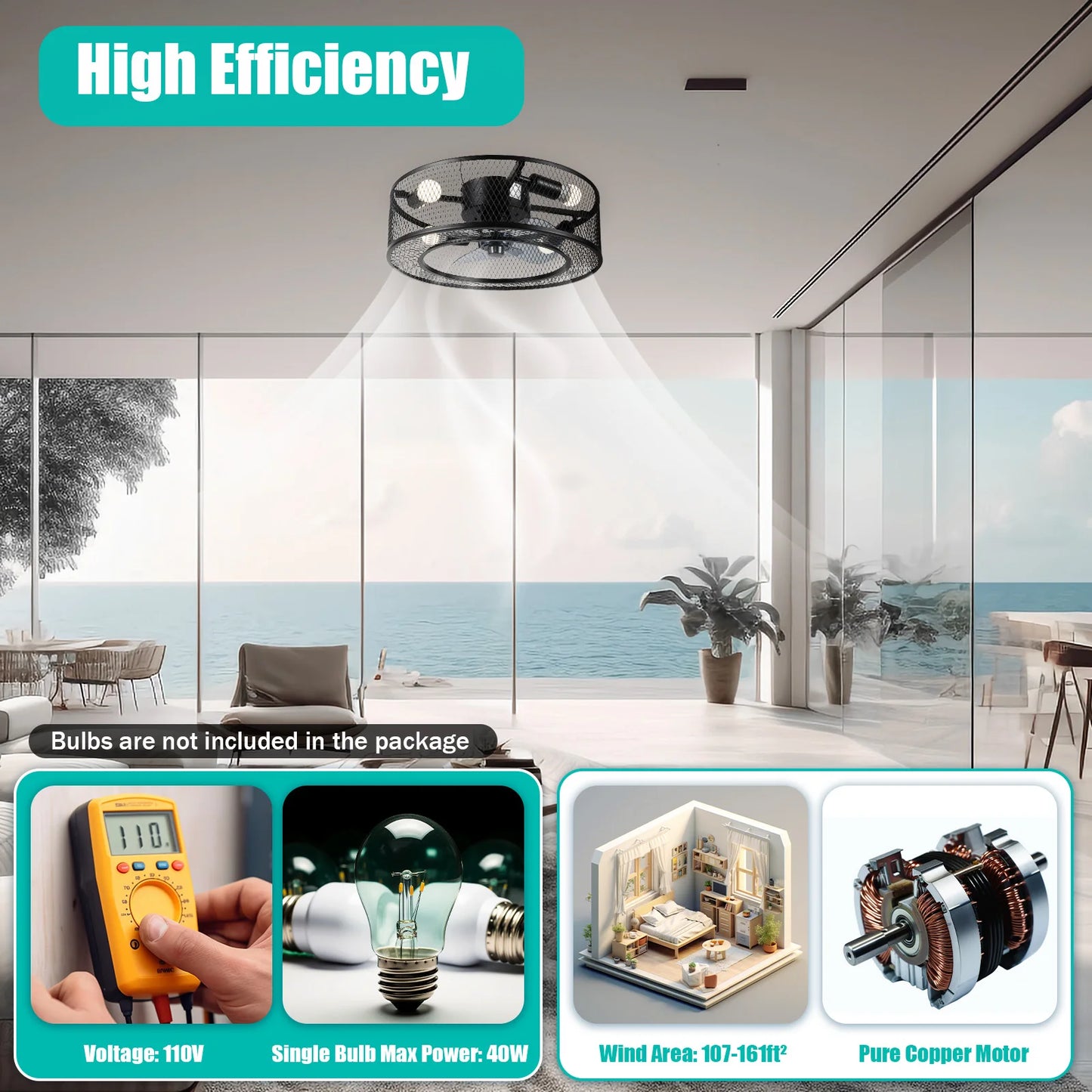 40W Ceiling Fan Light Fixture E27 Socket Bulbs Not Included