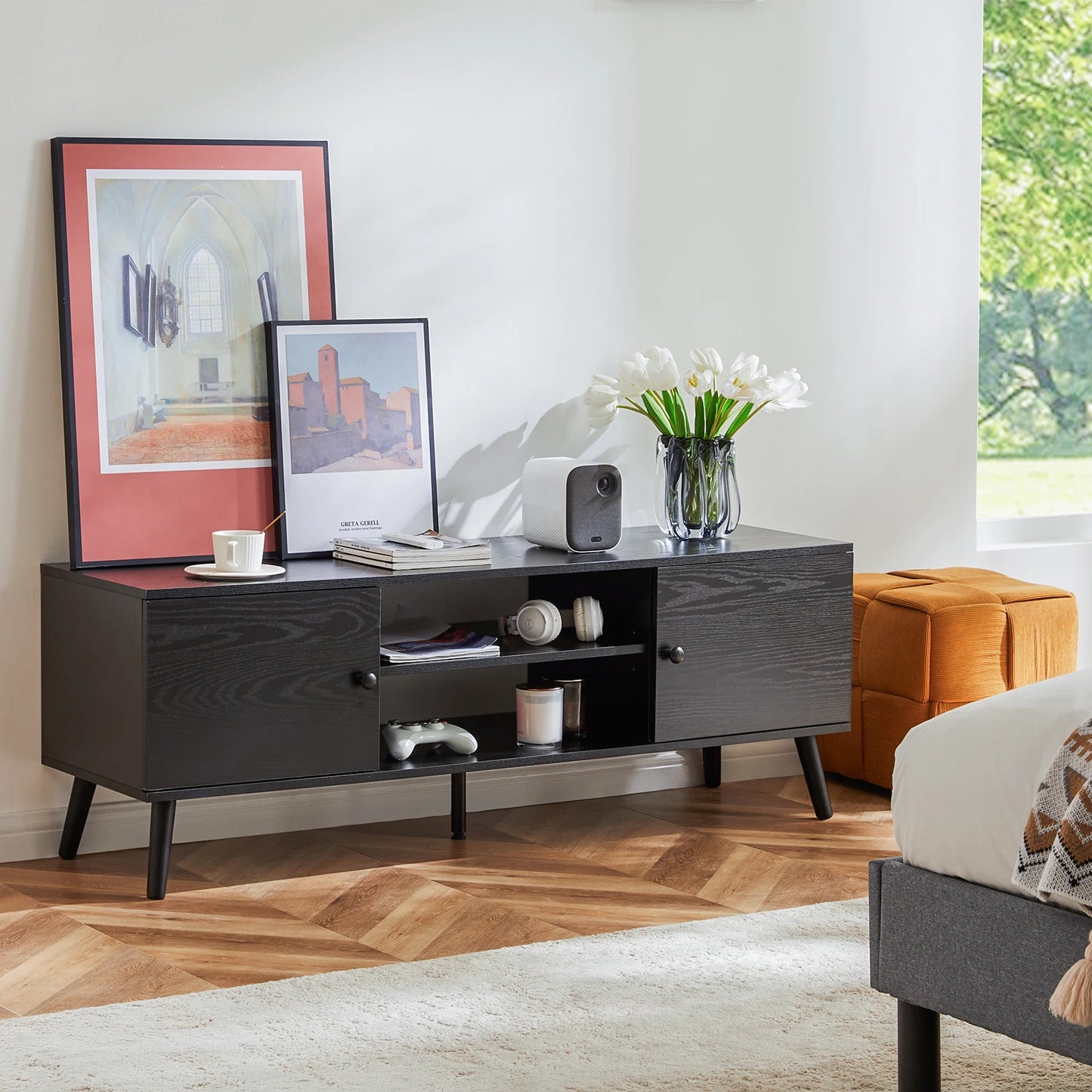 JHK Wooden TV Stand With Adjustable Storage Shelf