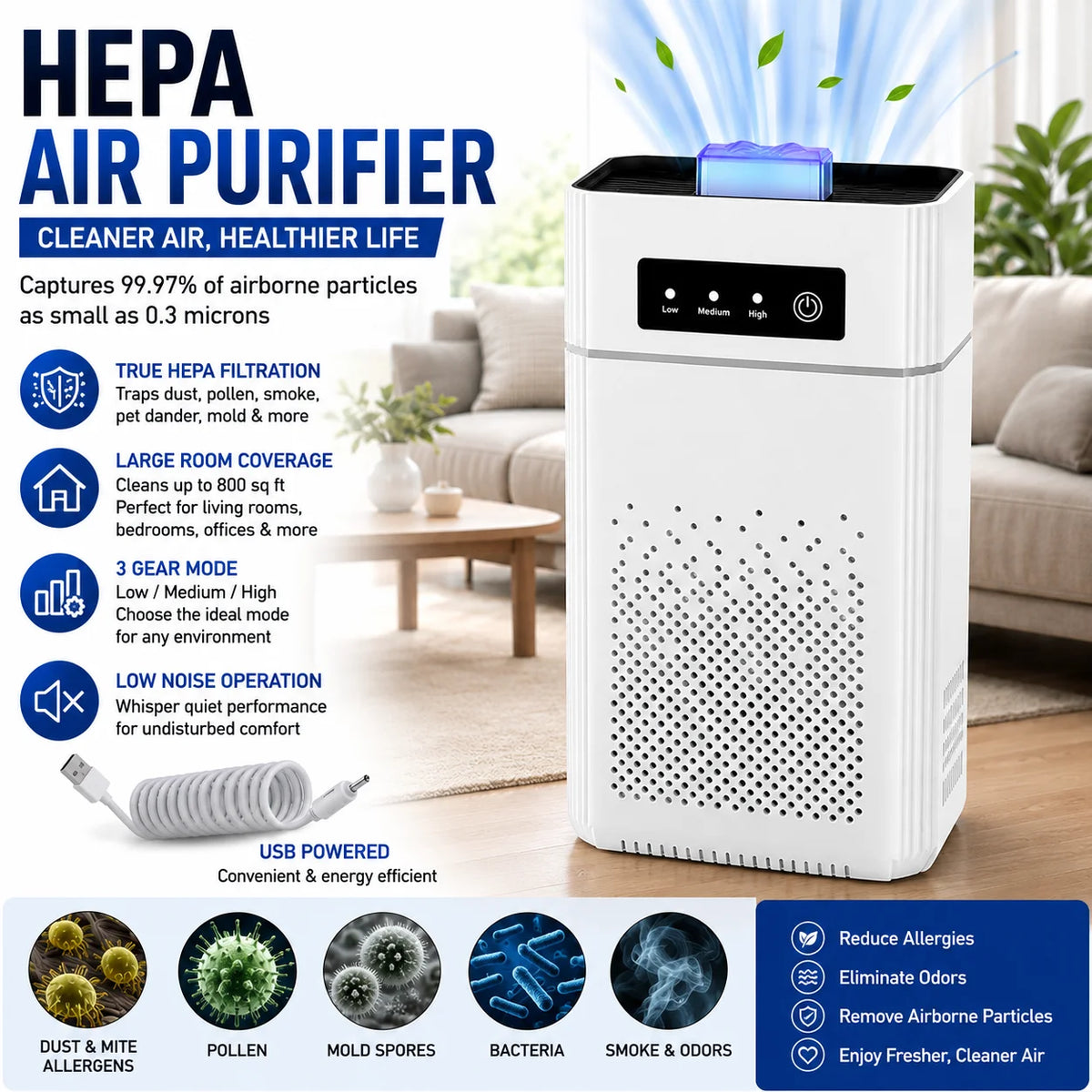 HEPA Air Purifier for Dust Smoke Odors and Allergens