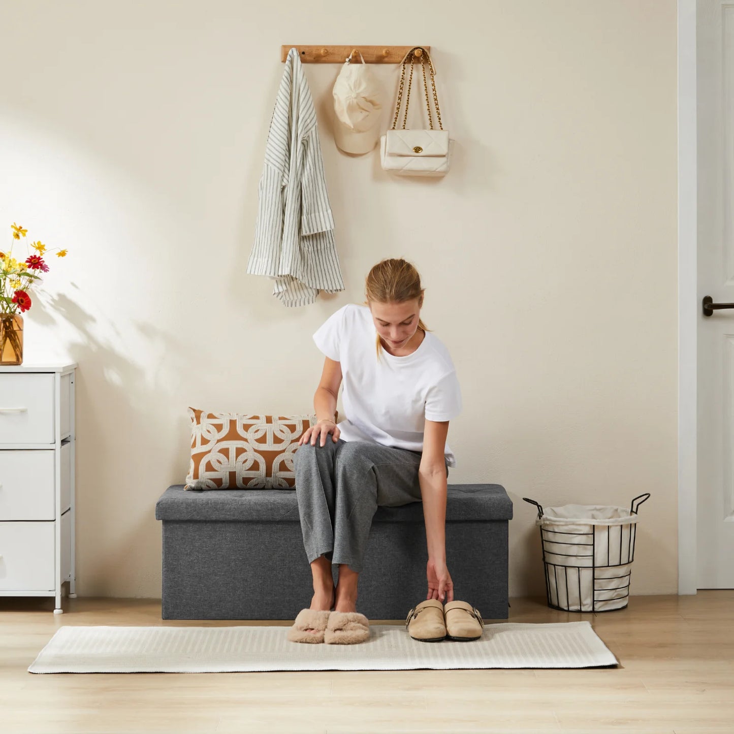 JHK Folding Storage Ottoman Bench For Living Room