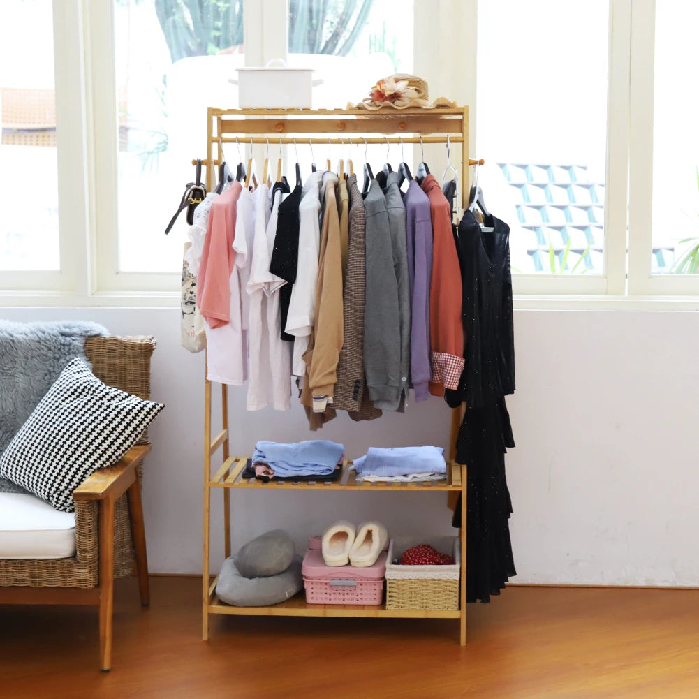 BINGOPAW Bamboo Coat Rack With Top Shelf And Shoe Organizer