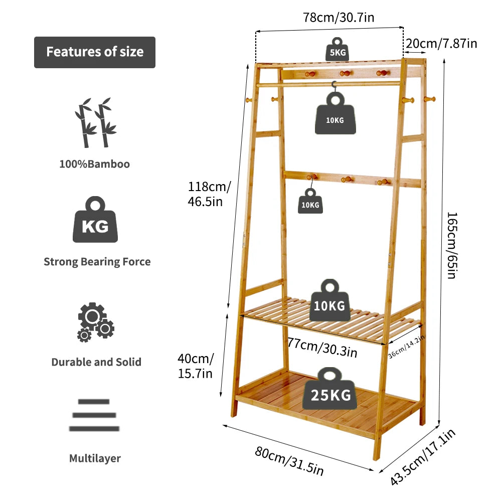 BINGOPAW Bamboo Coat Rack With Top Shelf And Shoe Organizer