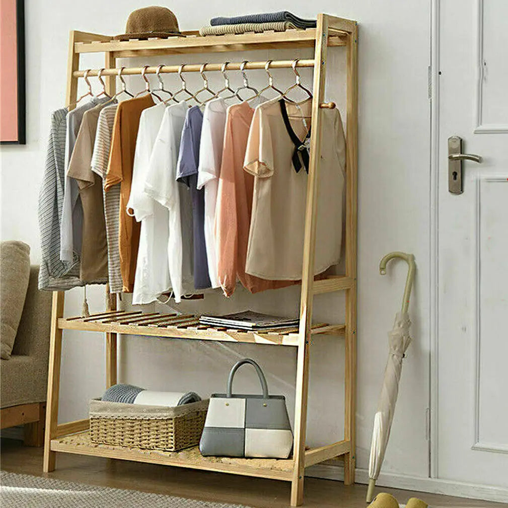 BINGOPAW Bamboo Coat Rack With Top Shelf And Shoe Organizer