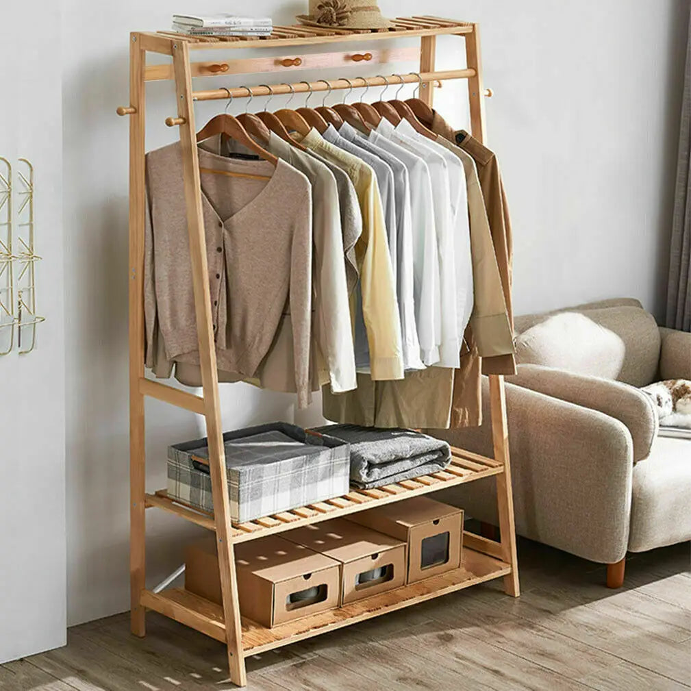 BINGOPAW Bamboo Coat Rack With Top Shelf And Shoe Organizer