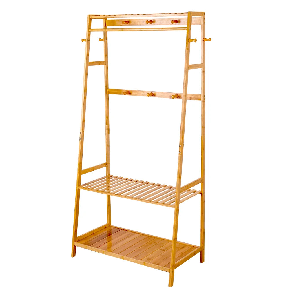 BINGOPAW Bamboo Coat Rack With Top Shelf And Shoe Organizer
