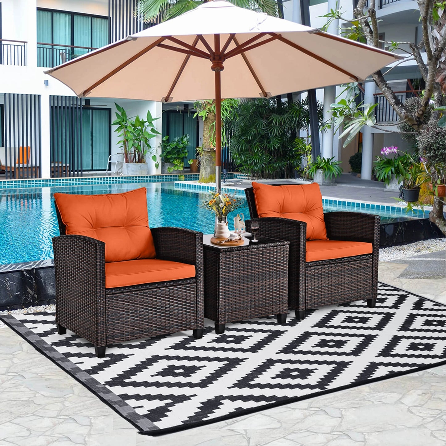 HOMASIS 3 Piece Patio Rattan Cushioned Conversation Set