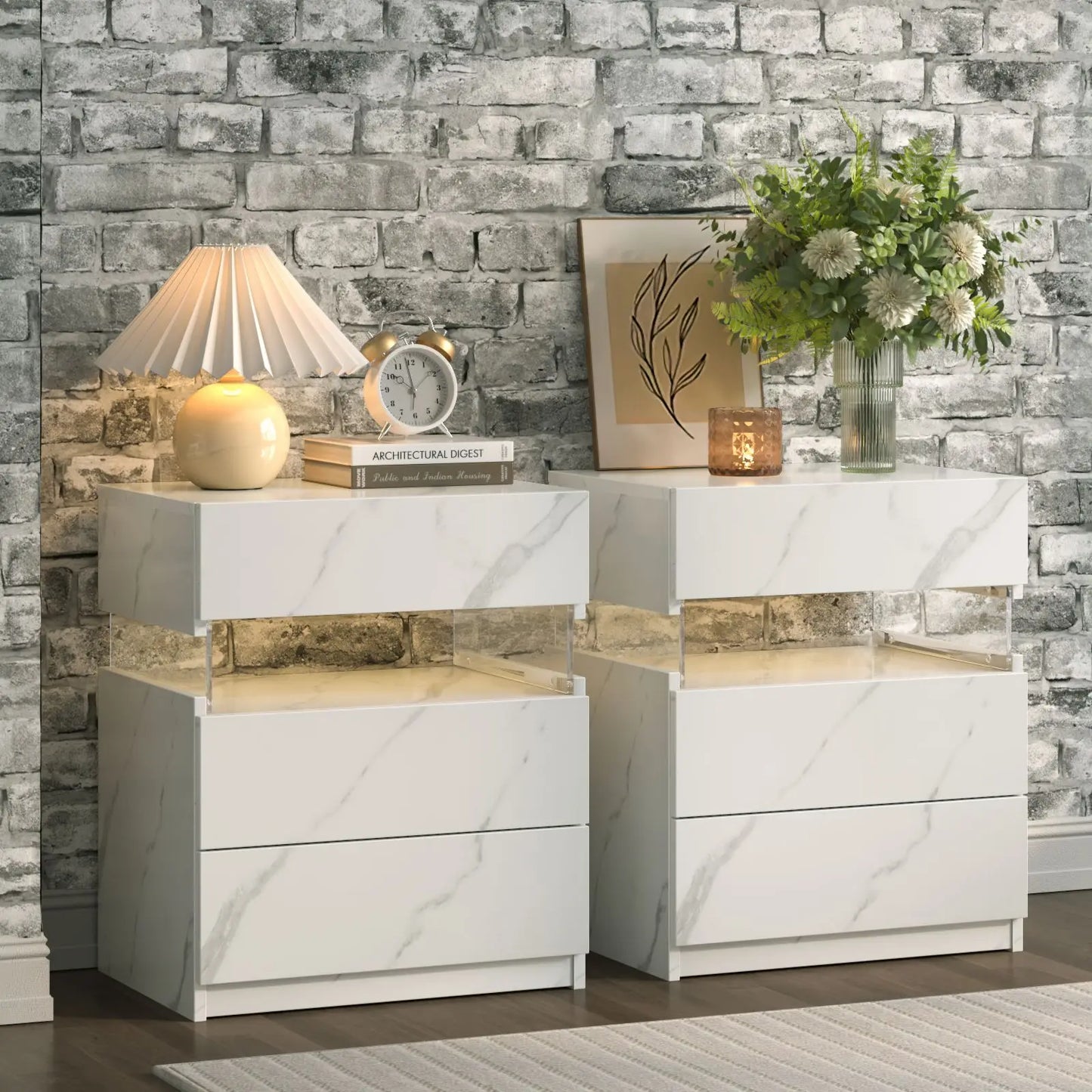 Cubehom Bedside Tables Set With LED Lighting And Drawers