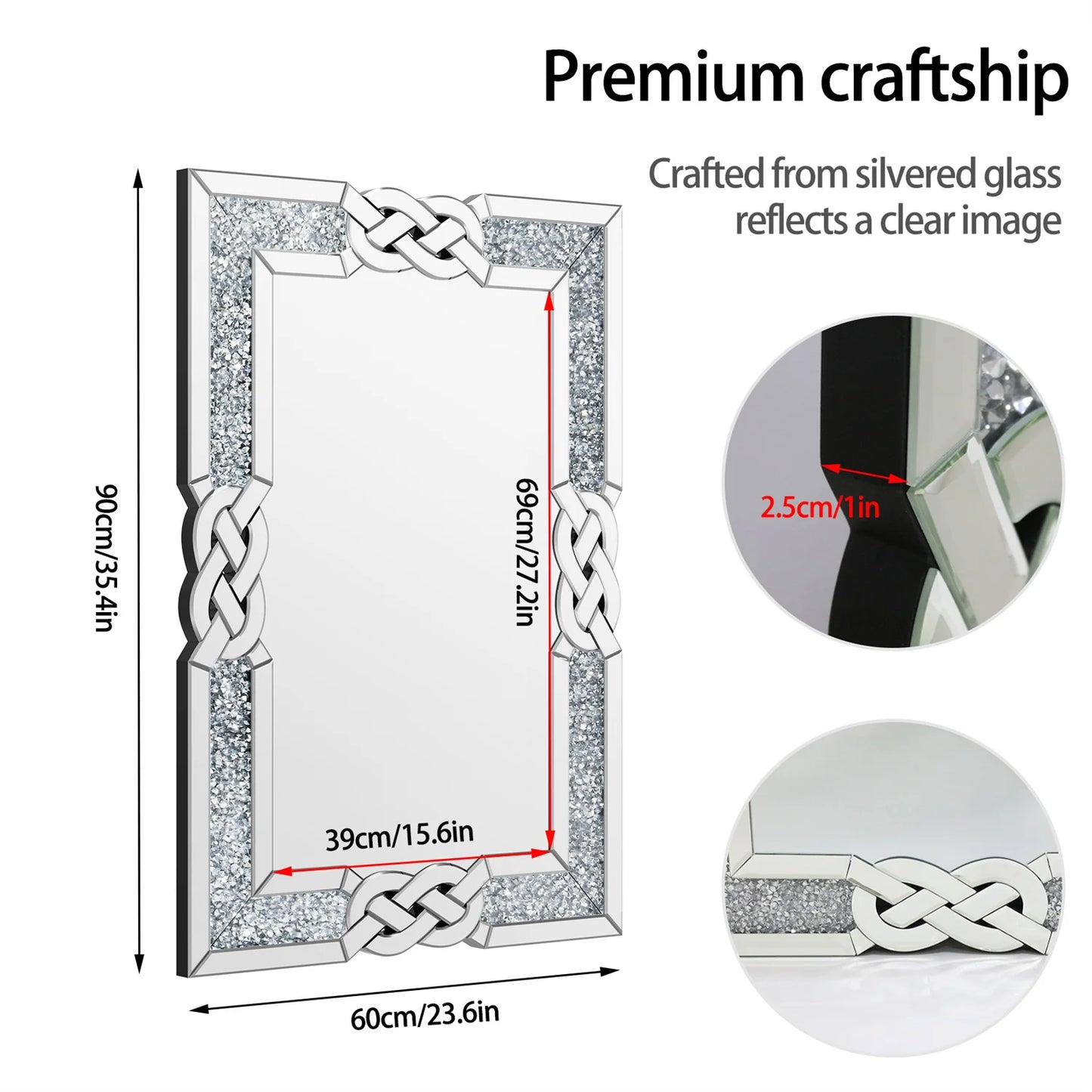 Crystal Diamond Wall Mirror Rectangle Framed Hanging Mirror