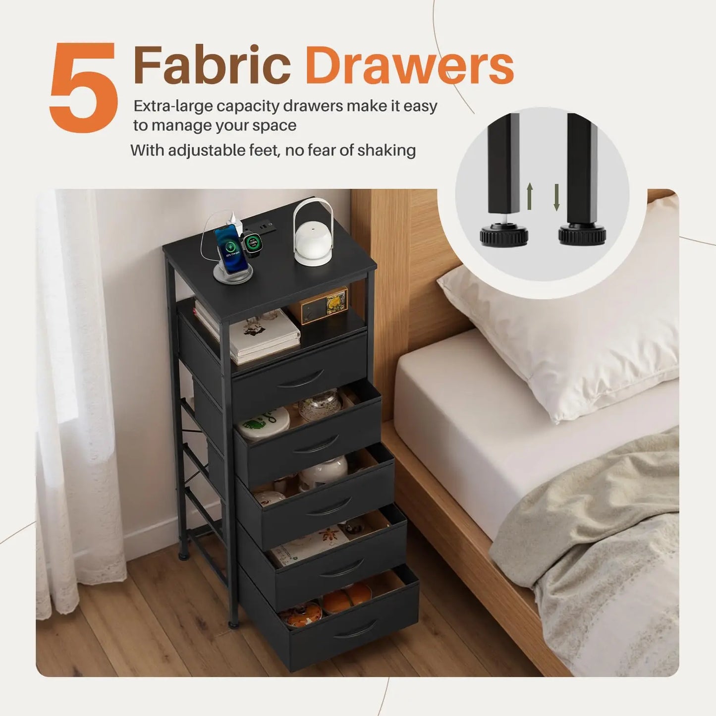 JHK 5 Drawer Fabric Dresser Nightstand With Outlets