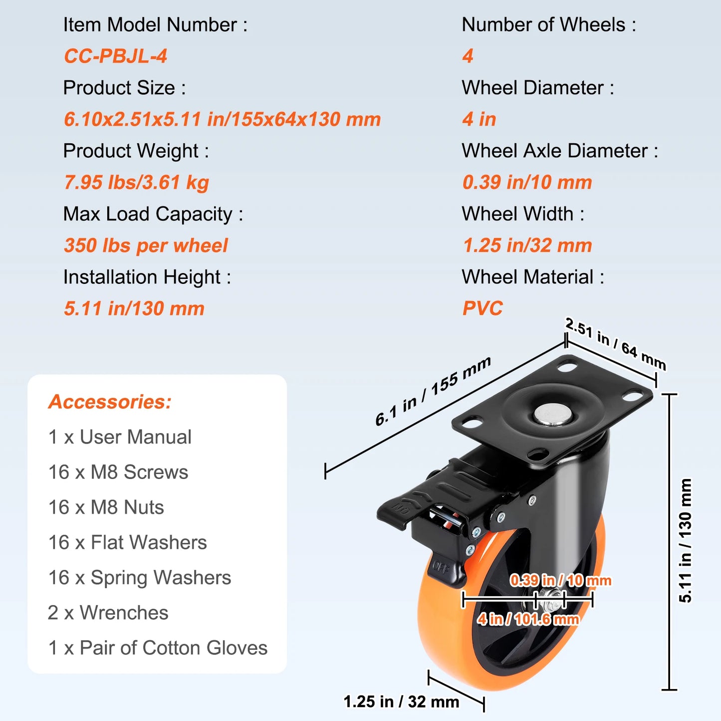 SucceBuy 2-6in PVC Furniture Caster Wheels Set of 4 Swivel Plate Casters with Security A/B Lock Non-Marking for Cart Workbench