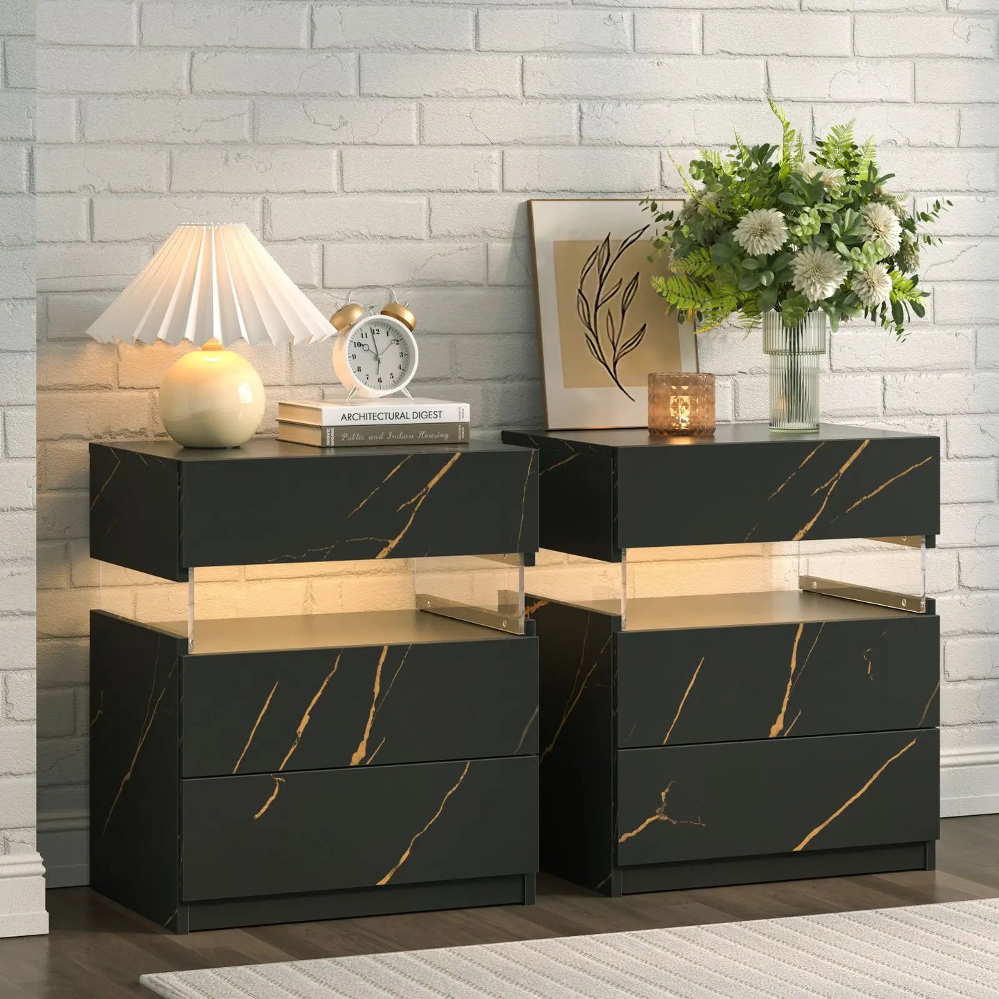 Cubehom Bedside Tables Set With LED Lighting And Drawers
