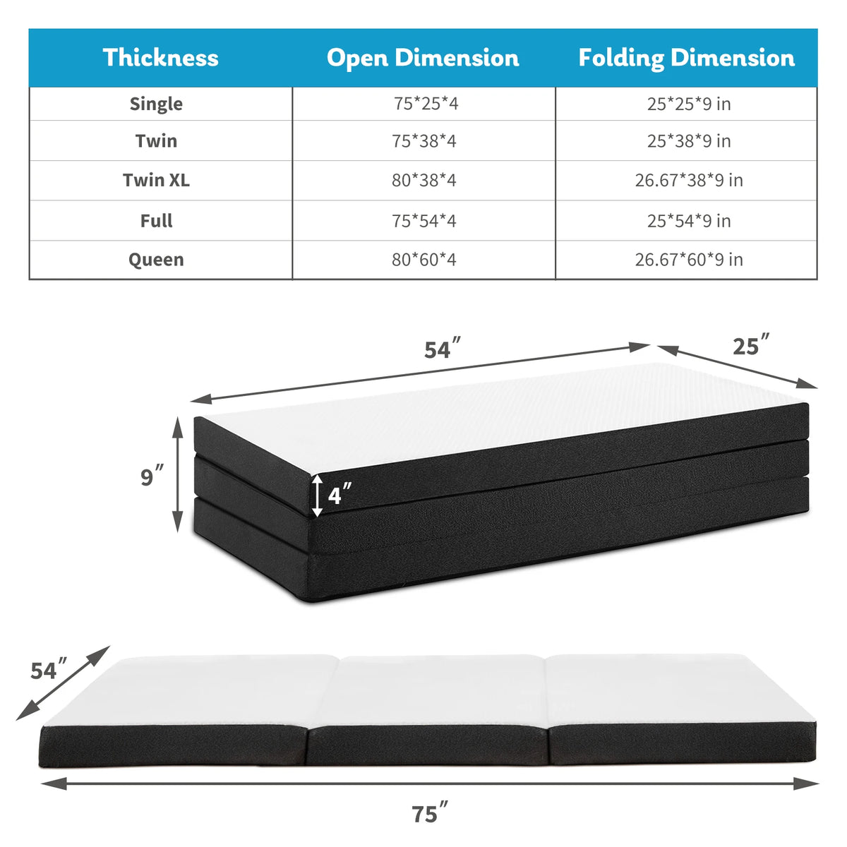 JHK Three Fold Portable Floor Bed With Memory Foam