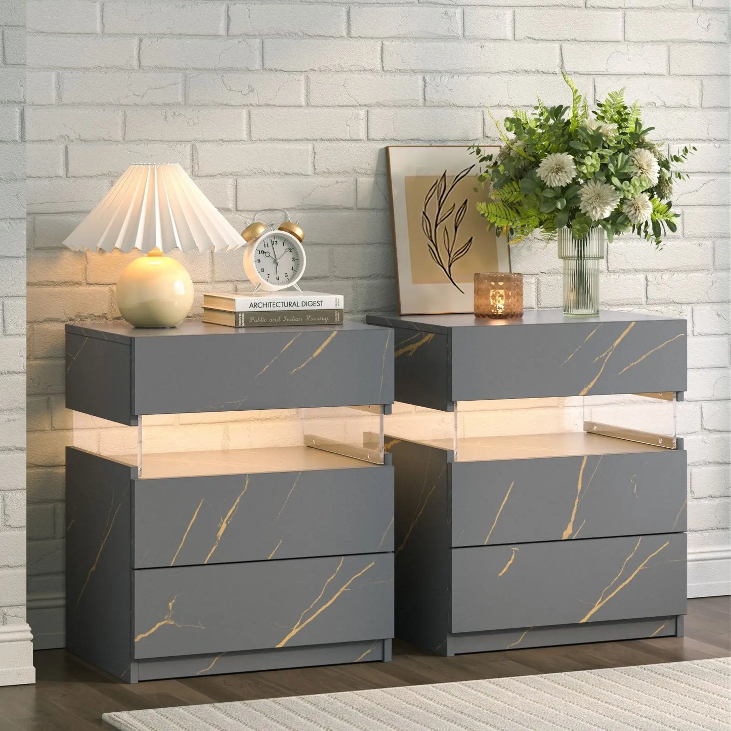 Cubehom Bedside Tables Set With LED Lighting And Drawers