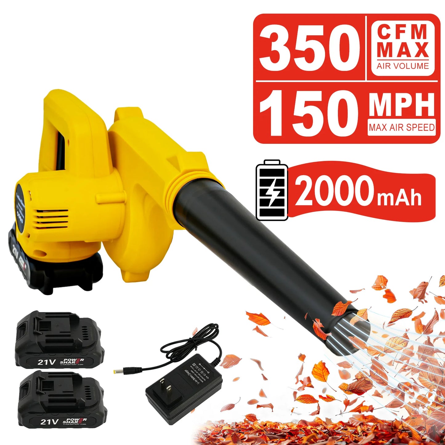 2-in-1 Cordless 21V Leaf Blower With 2x2.0Ah Battery Charger