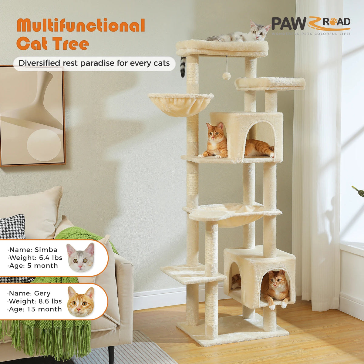 PAWZ Road Indoor Cat Tree With Hammock And Scratching Posts