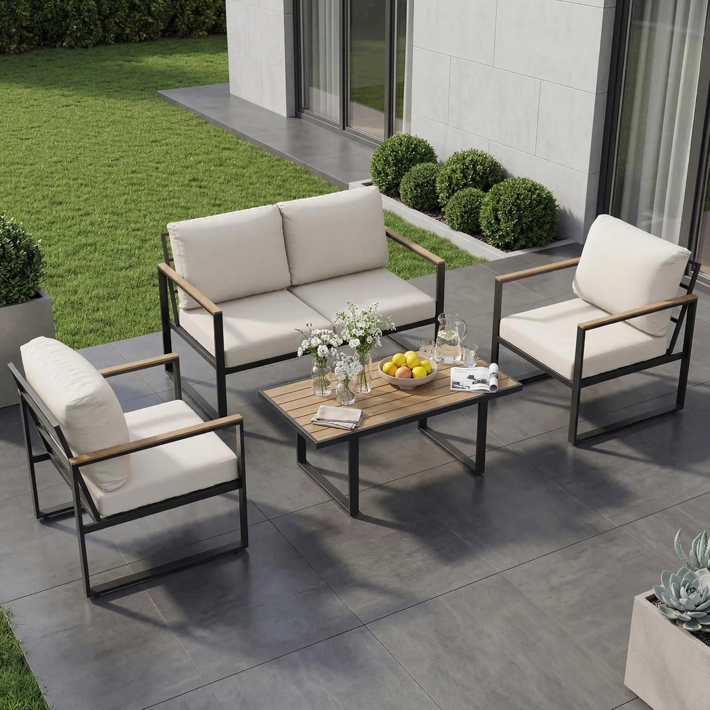 HobbyLane Modern 4-Piece Outdoor Patio Sectional Sofa With Coffee Table