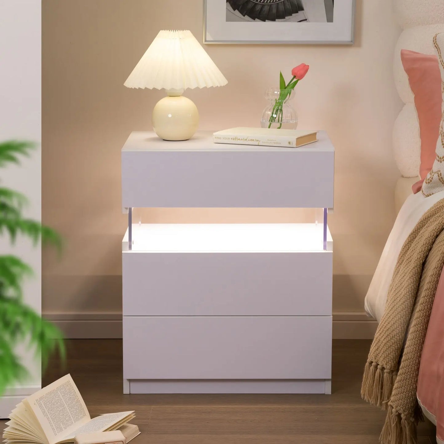 Cubehom Bedside Tables Set With LED Lighting And Drawers