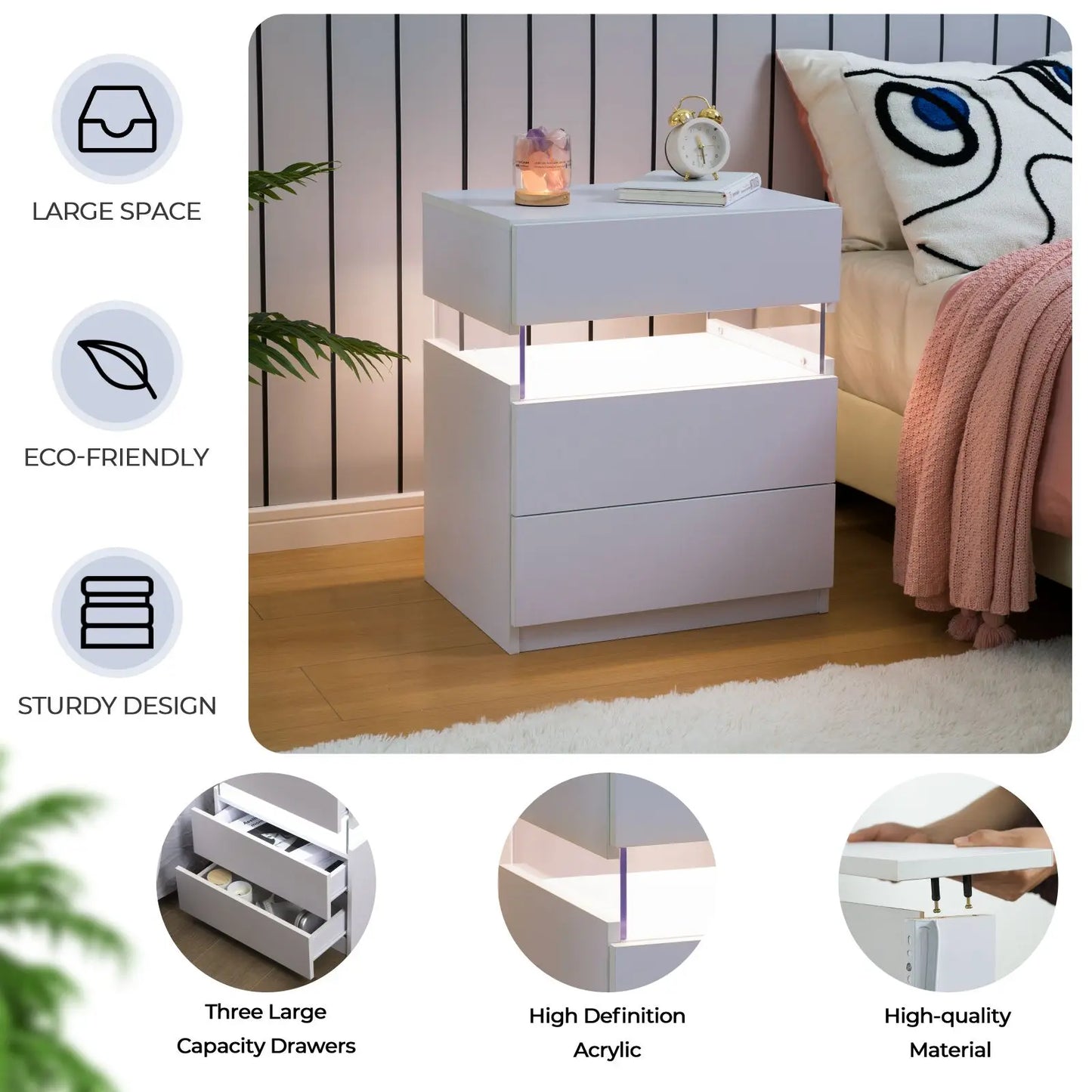 Cubehom Bedside Tables Set With LED Lighting And Drawers