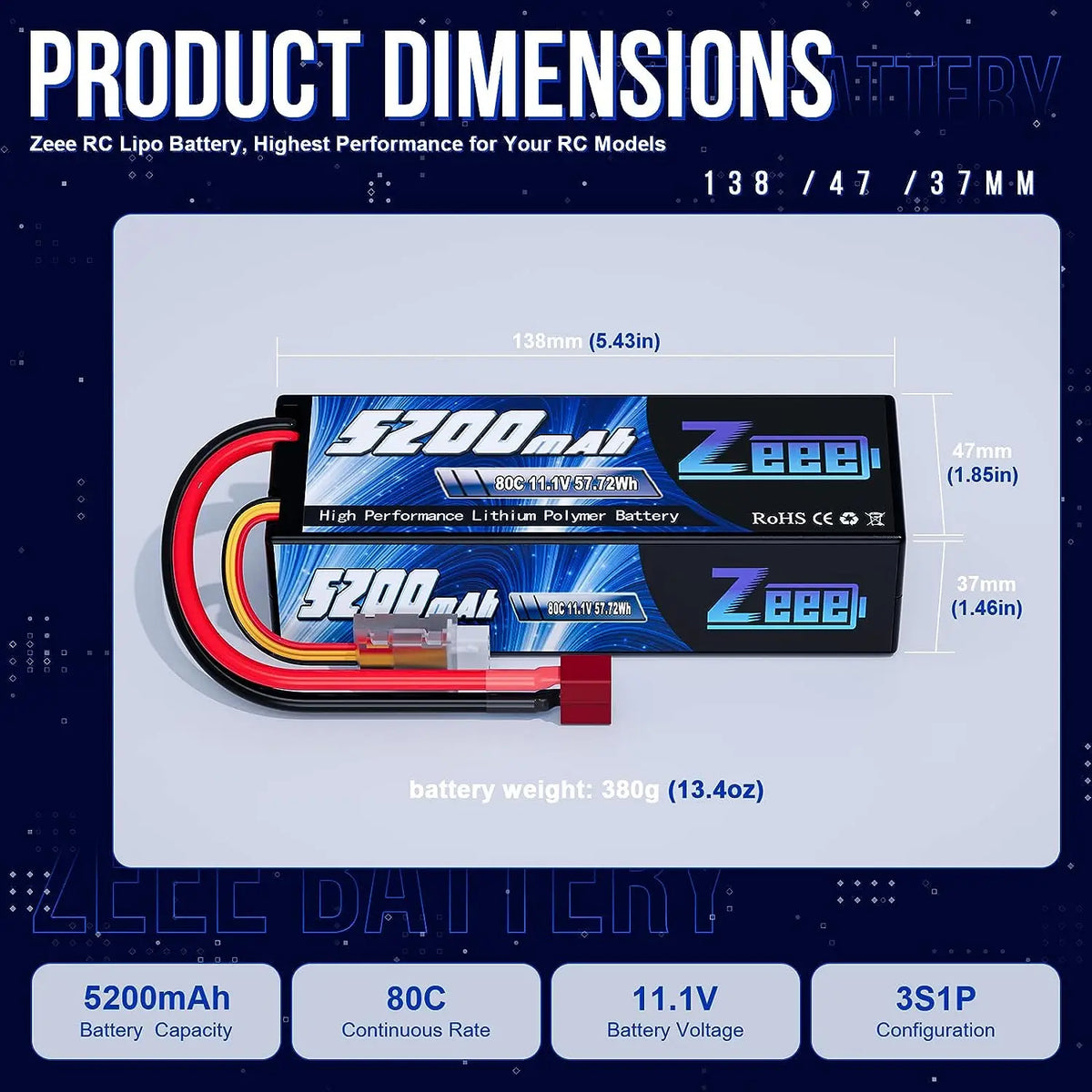 Zeee Hardcase LiPo Battery With Deans Plug For RC Cars