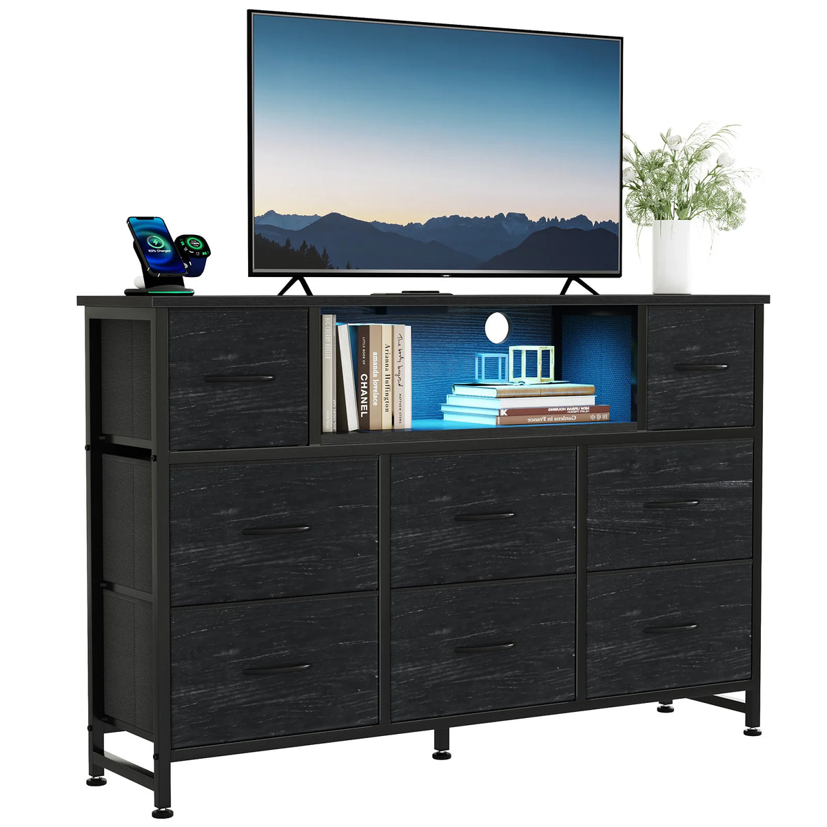 JHK LED TV Stand With Drawers And Charging Station