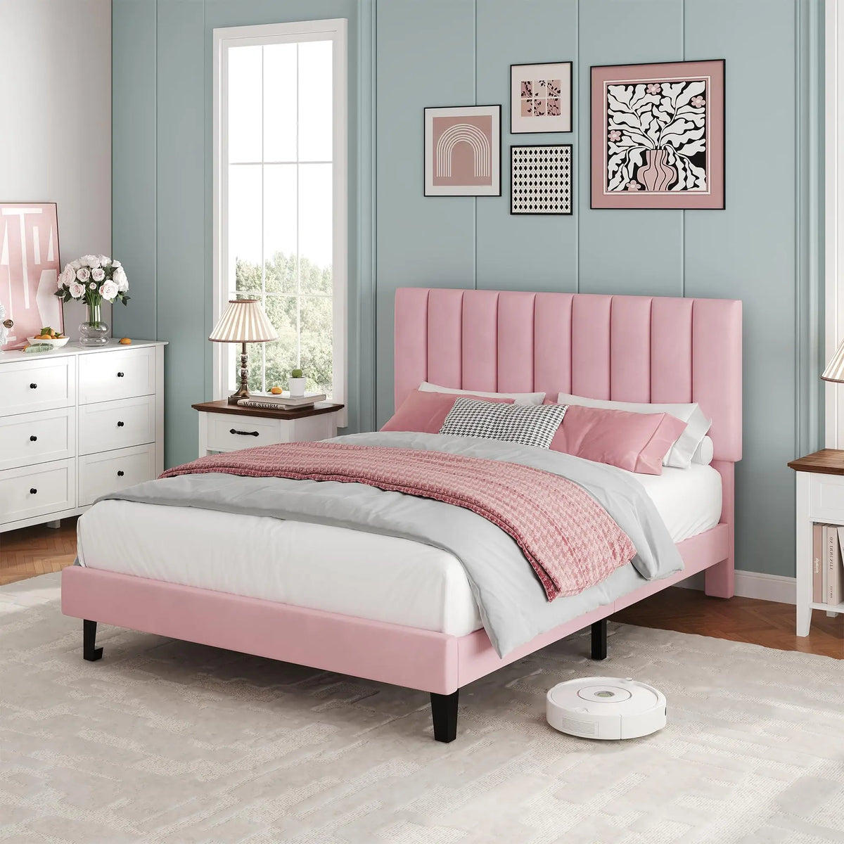 HiMISS Upholstered Platform Bed Frame With Wood Slats