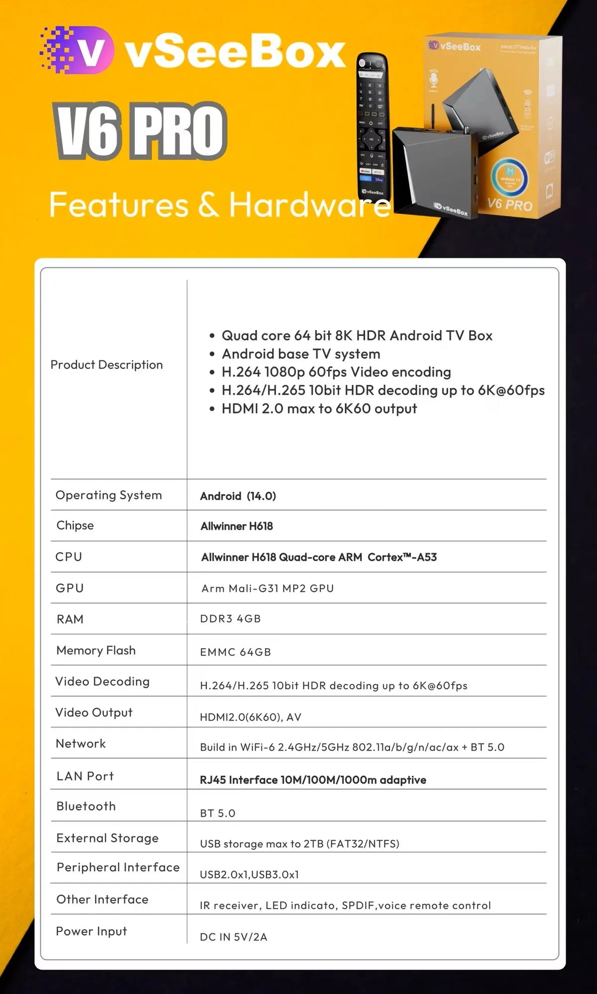 Vseebox V6 Pro Android 14 8K HDR Streaming TV Box