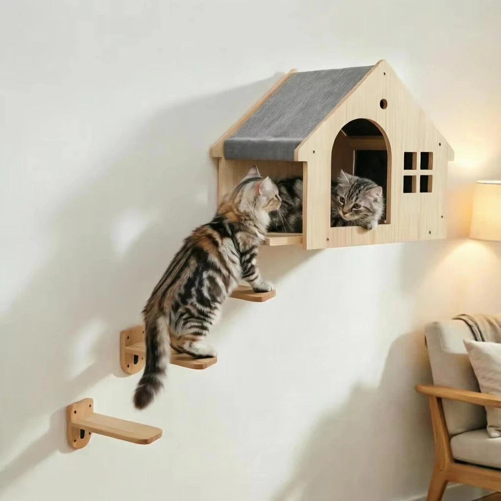 Wooden Wall Mounted Cat Condo Shelf Villa
