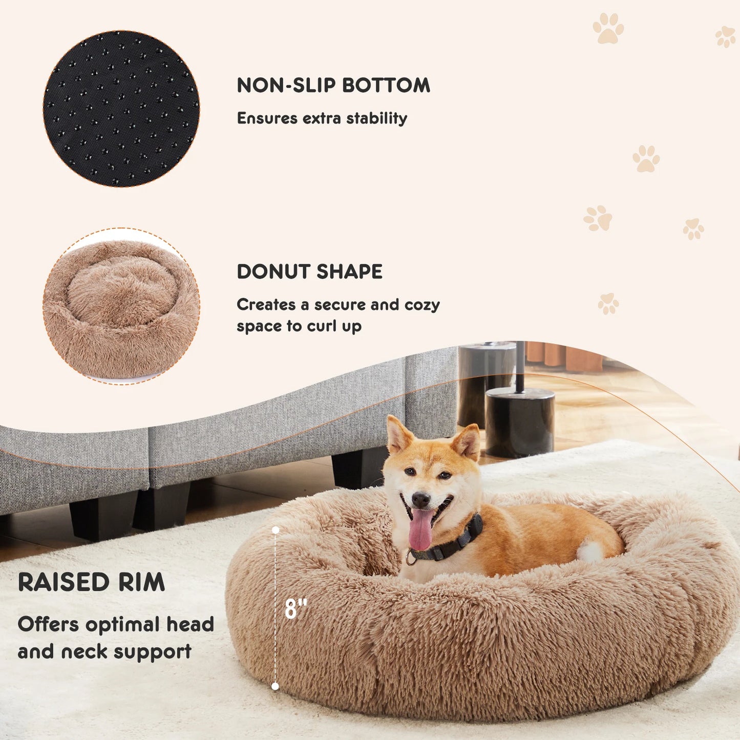 JHK Calming Dog Bed Anti Slip Washable Plush Faux Fur