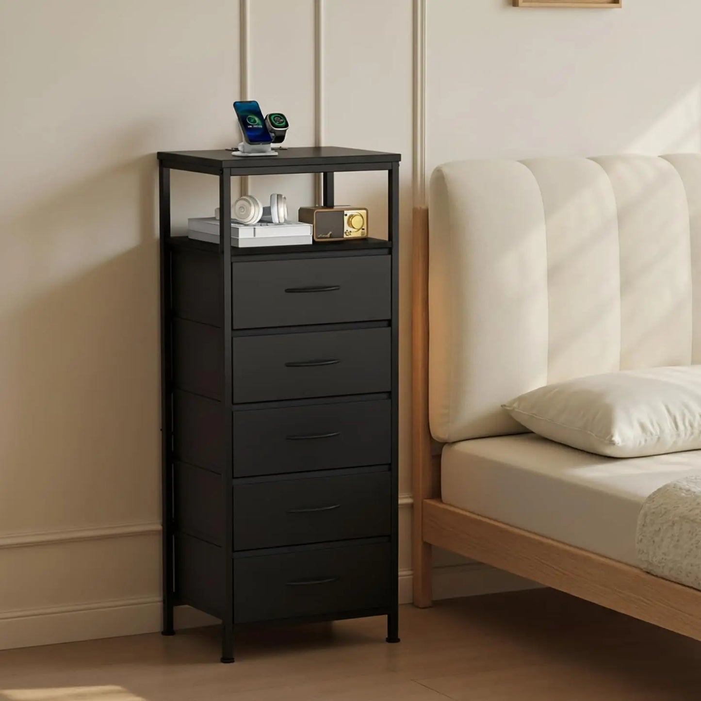 JHK 5 Drawer Fabric Dresser Nightstand With Outlets