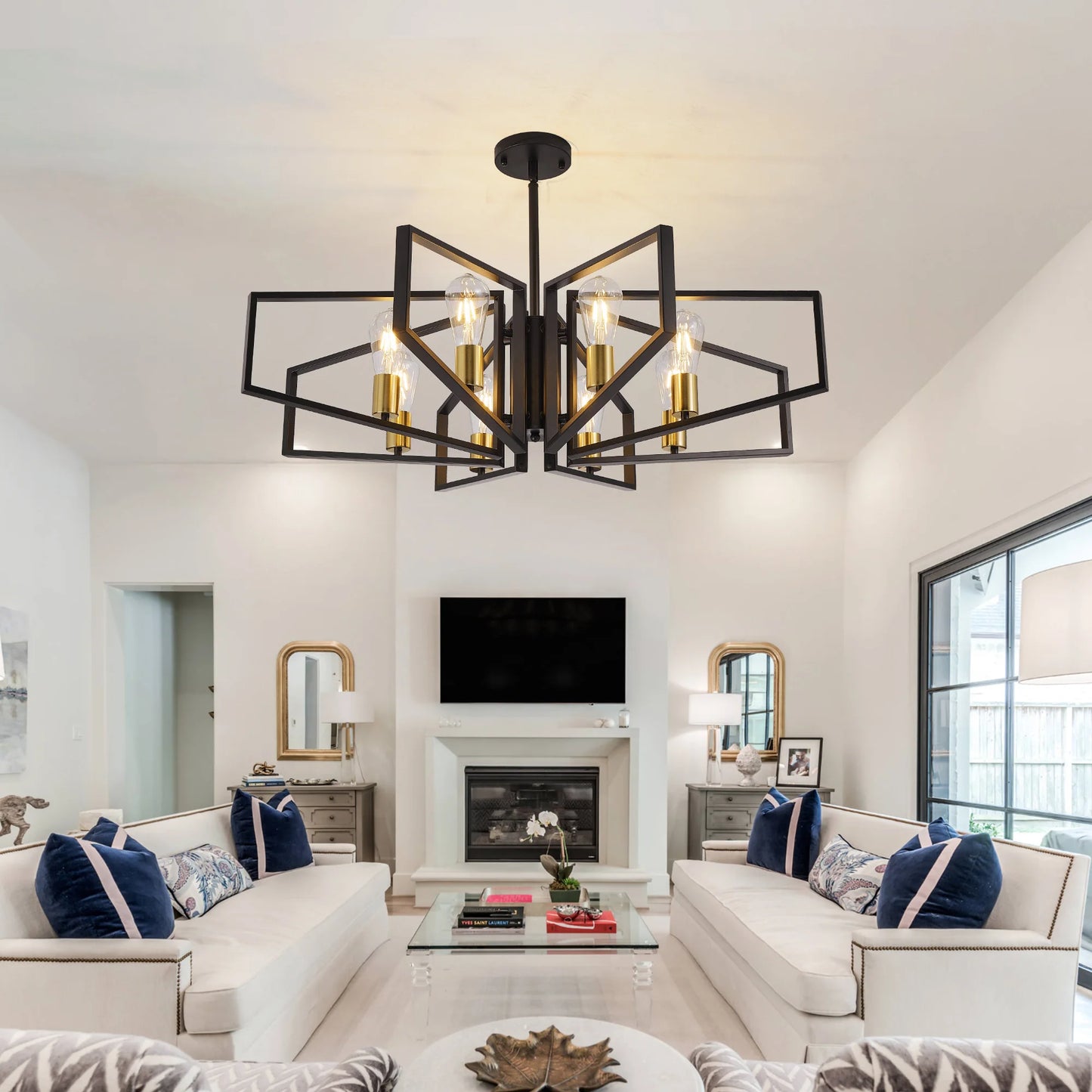 Geometric 8-Light Chandelier With Adjustable Height Pendant