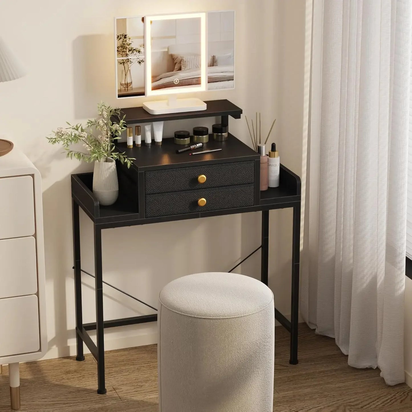 Rosewood Vanity Desk With Mirror And Lights