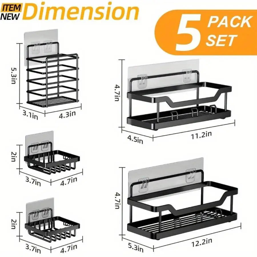 Adhesive Shower Caddy Set, Rustproof Stainless Steel, 5 Pack