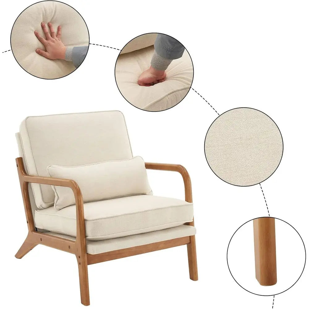 Set Of Two Beige Accent Chairs With Linen Upholstery And Wooden Arms
