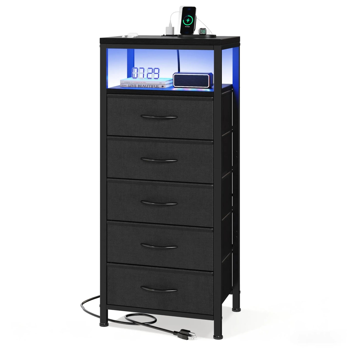 JHK 5 Drawer Fabric Dresser Nightstand With Outlets
