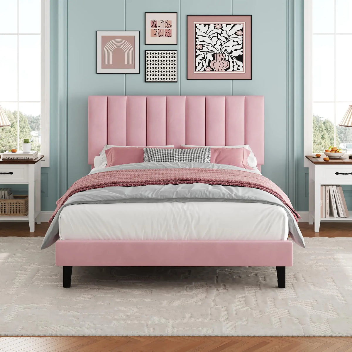 HiMISS Upholstered Platform Bed Frame With Wood Slats
