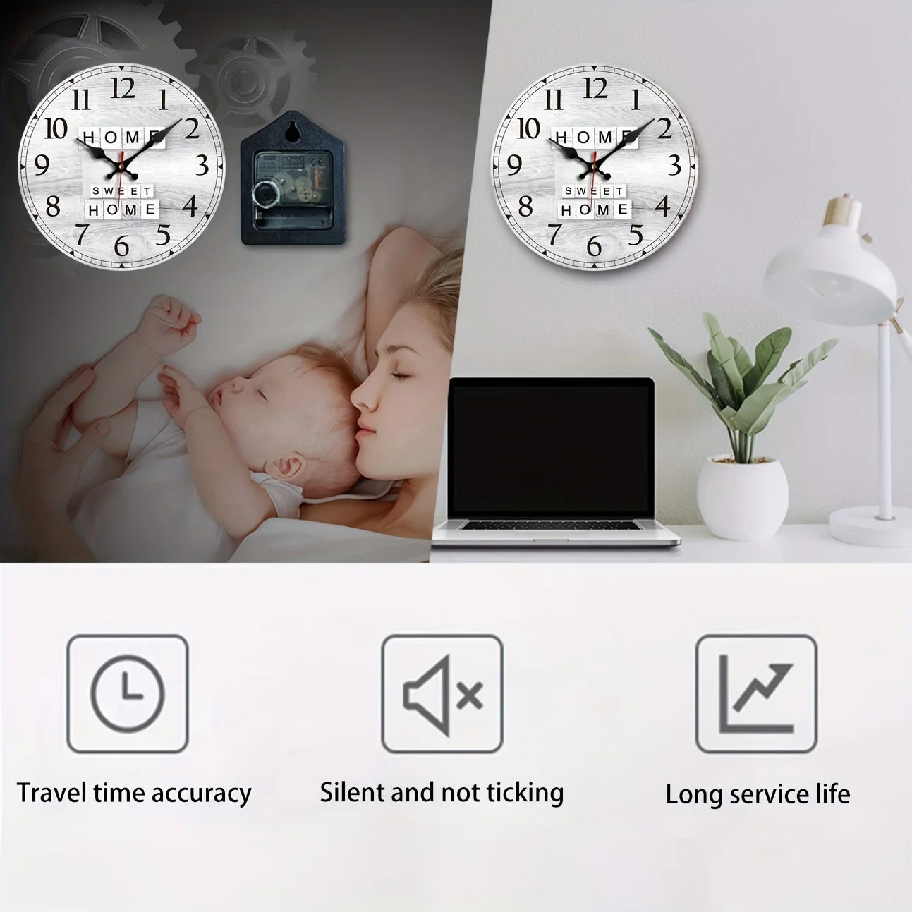 XMSJ Chic Round Wooden Wall Clock Silent Battery Powered