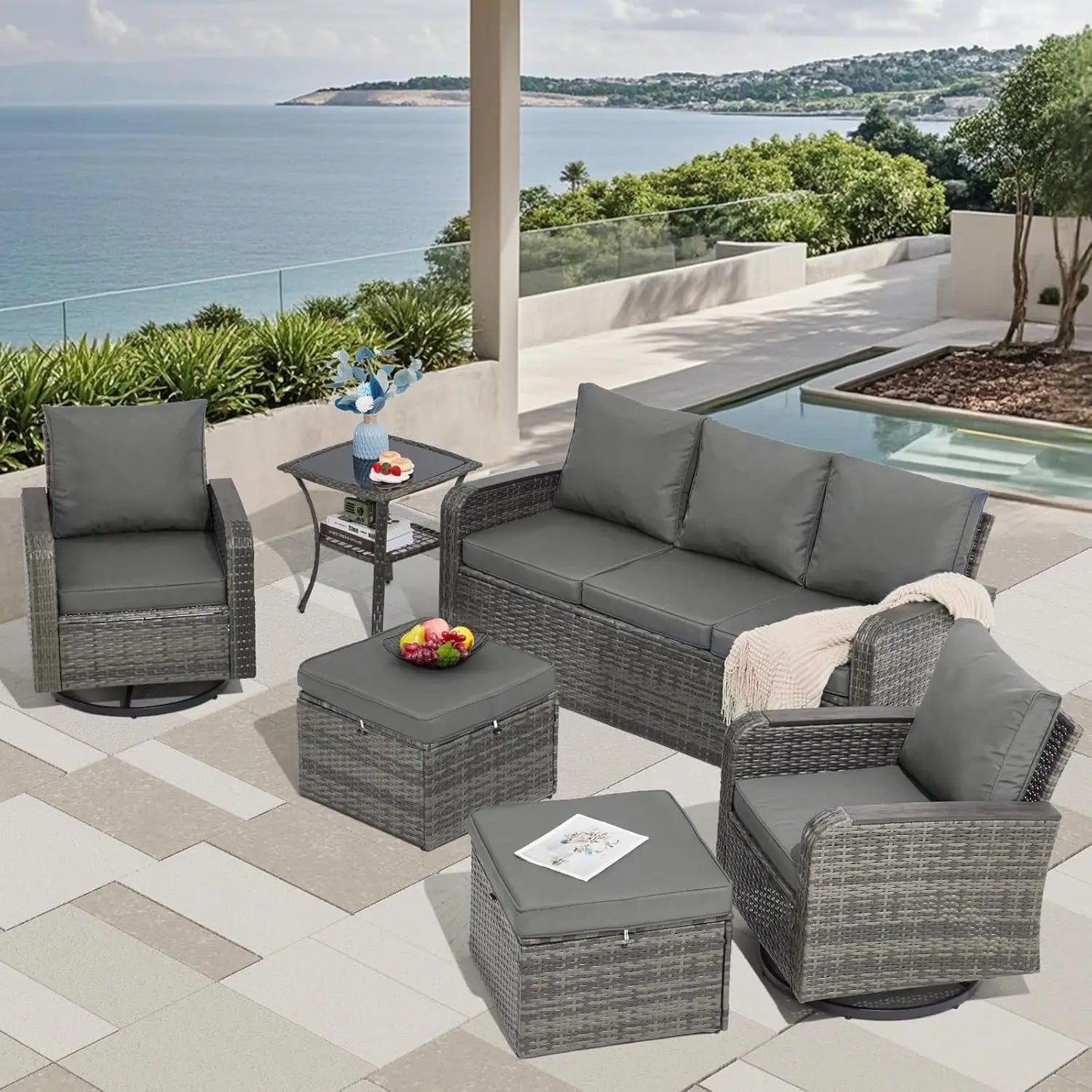 6 Piece PE Rattan Patio Furniture Set Sectional Sofa