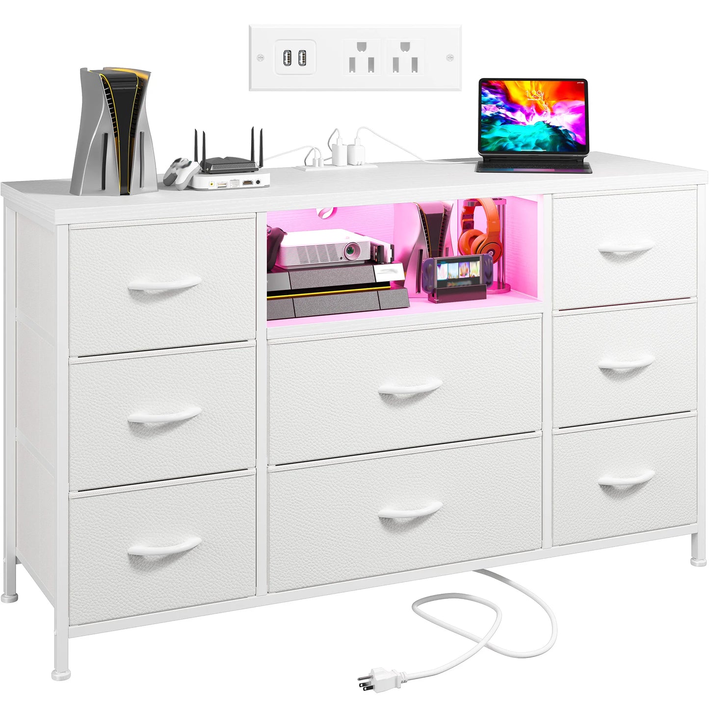 LED Lighting 8-Drawer Media Dresser With Charging