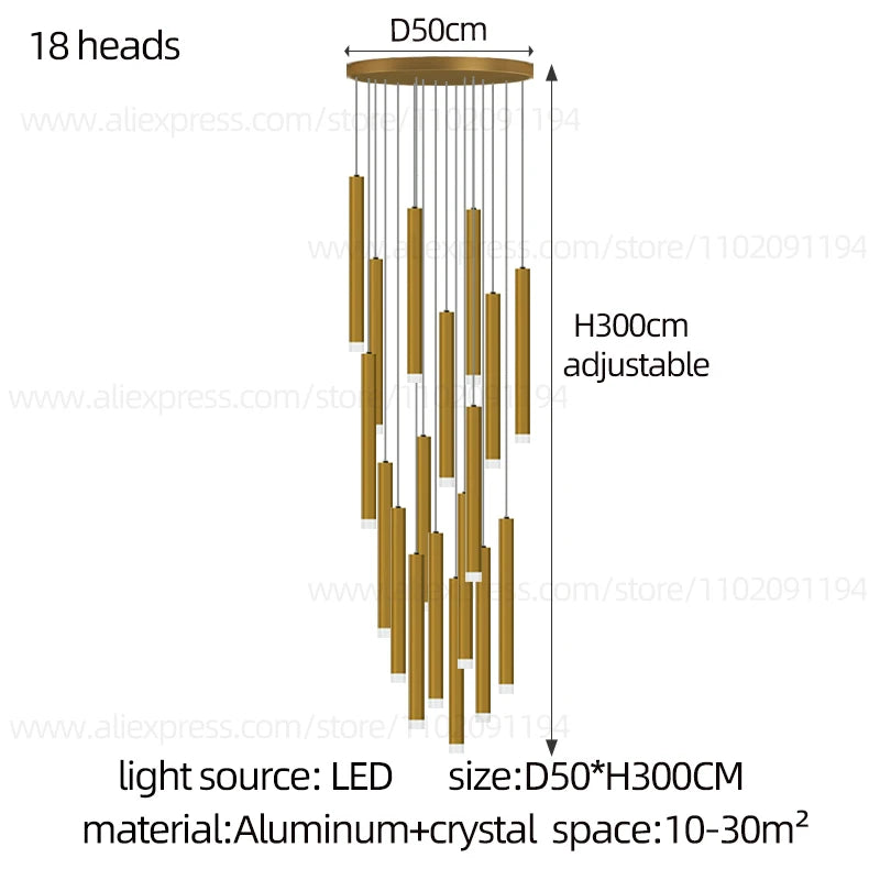 Campeggi Led Luxury Staircase Chandelier Gold Column