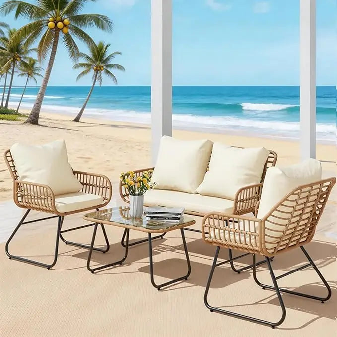 4-Piece Wicker Outdoor Patio Furniture Set with Cushions & Tempered Glass Table, All-Weather Rattan Bistro Set with Loveseat