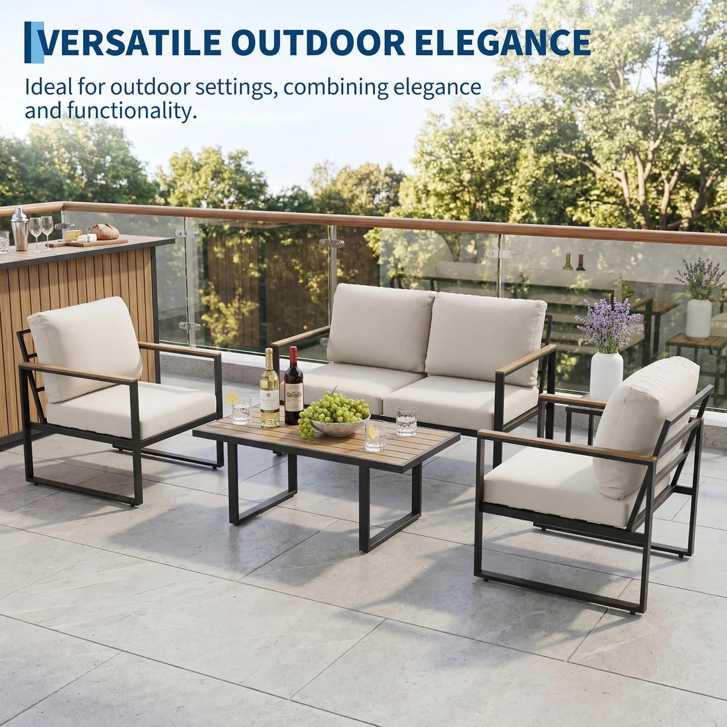 HobbyLane Modern 4-Piece Outdoor Patio Sectional Sofa With Coffee Table