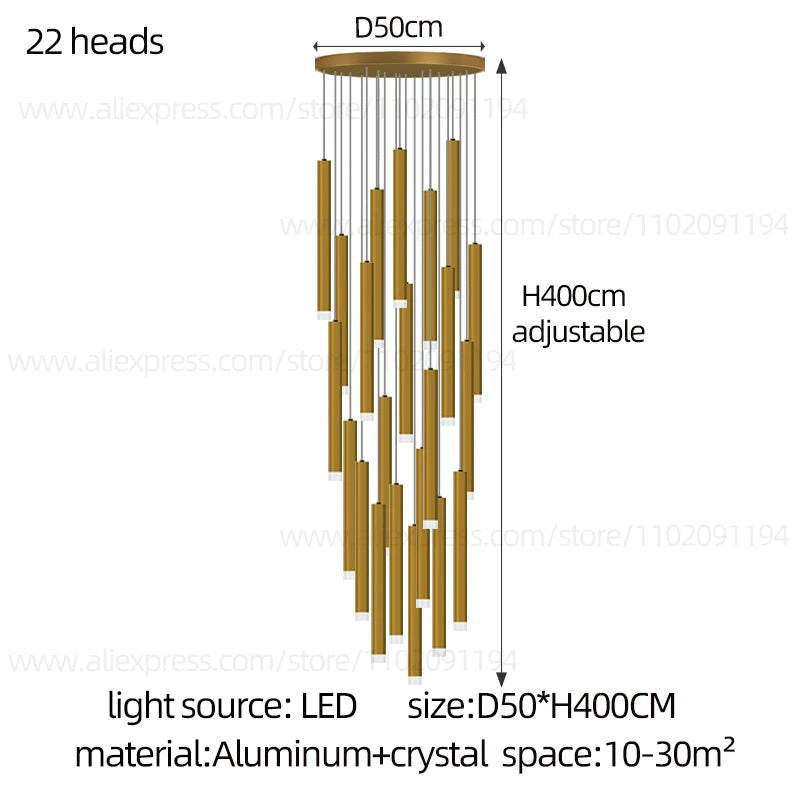 Campeggi Led Luxury Staircase Chandelier Gold Column