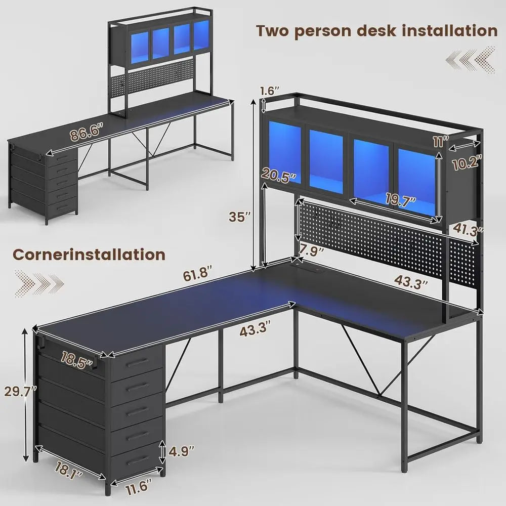 L Shaped Computer Desk With Led Lights And Storage