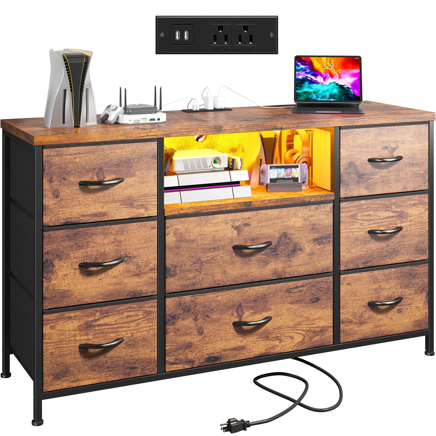 LED Lighting 8-Drawer Media Dresser With Charging