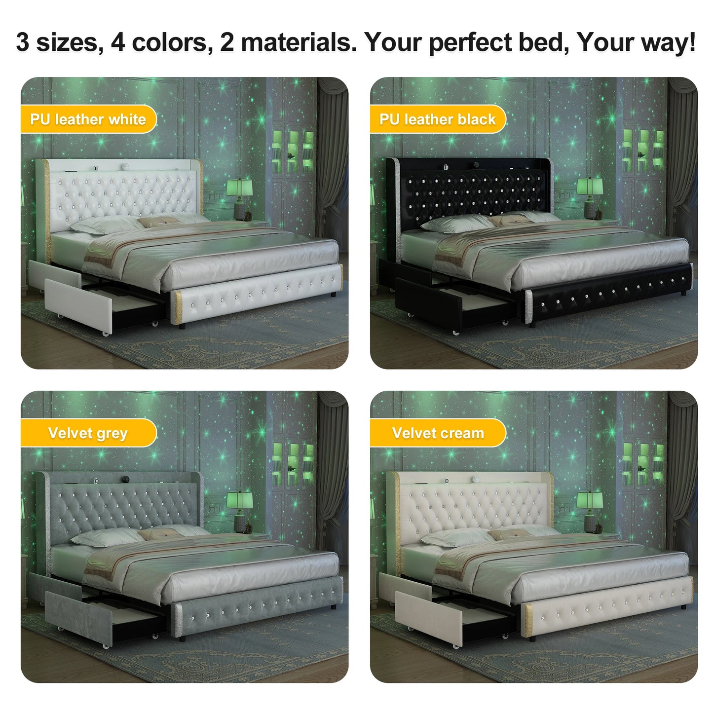 GEGOFORU Queen LED Bed Frame With Galaxy Projector Bluetooth